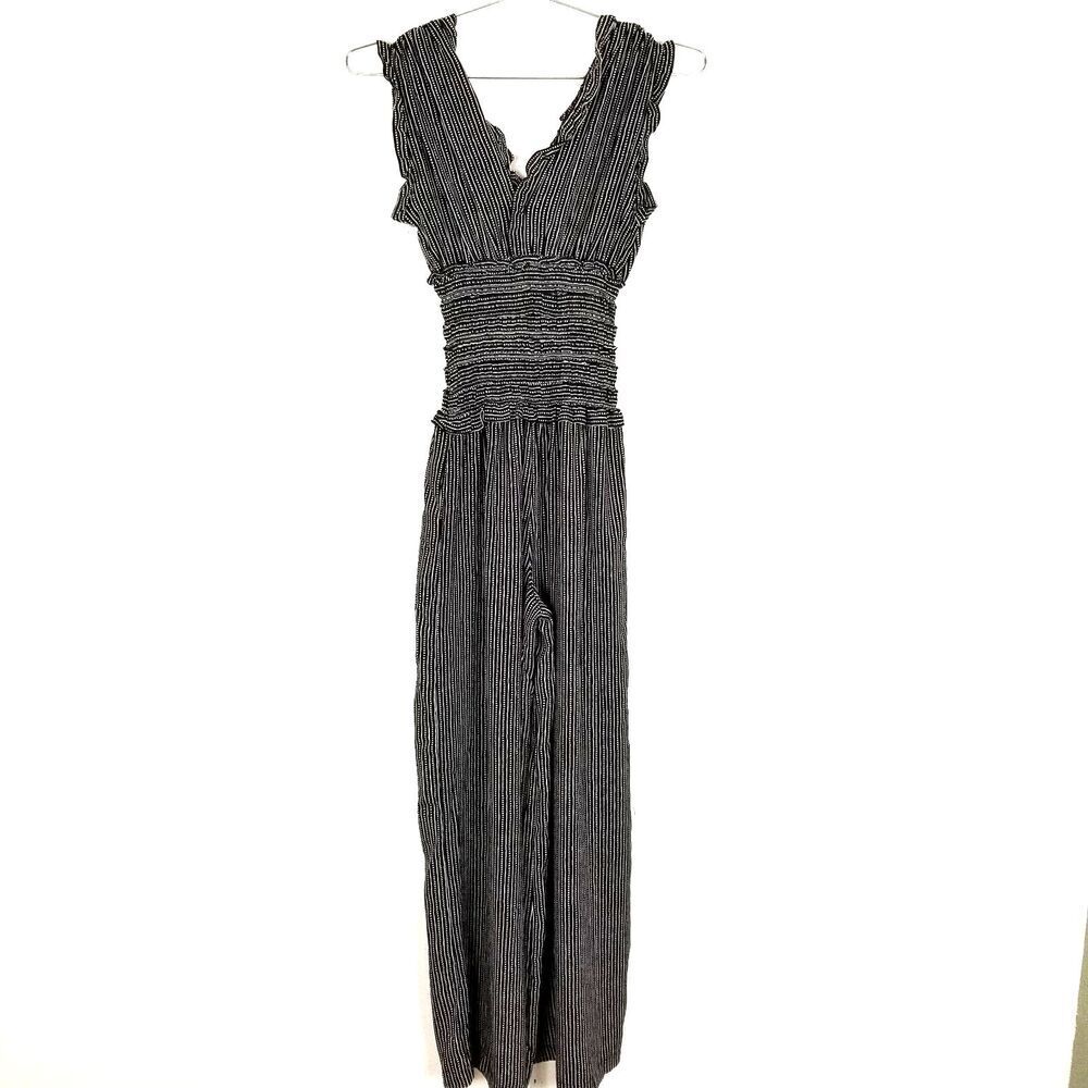 Max Studio Women Smocked Waist Wide Leg Crepe Jumpsuit Sz XS Black White Party